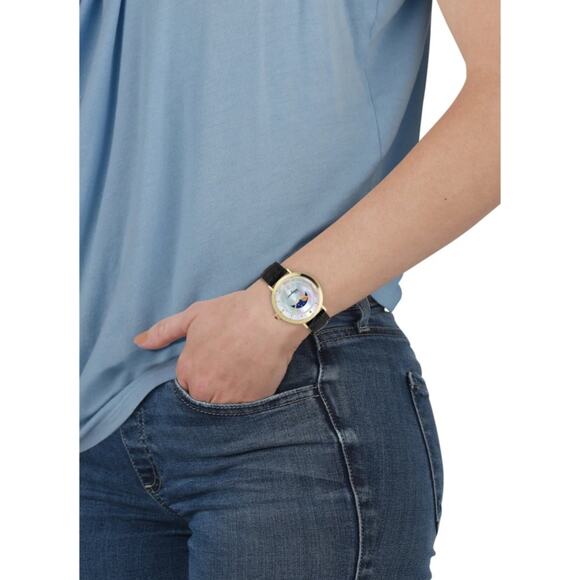 Ferragamo Logomania  Moon Phase Women's Watch Gold Tone Hardware Black Leather - Picture 4 of 13